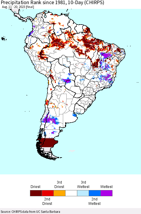 South America Precipitation Rank since 1981, 10-Day (CHIRPS) Thematic Map For 8/11/2023 - 8/20/2023