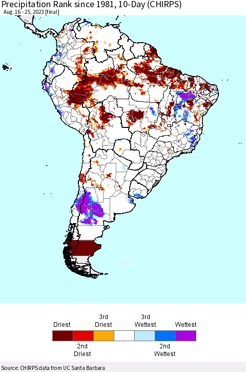 South America Precipitation Rank since 1981, 10-Day (CHIRPS) Thematic Map For 8/16/2023 - 8/25/2023