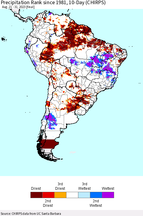 South America Precipitation Rank since 1981, 10-Day (CHIRPS) Thematic Map For 8/21/2023 - 8/31/2023