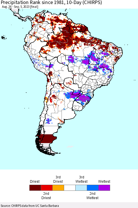 South America Precipitation Rank since 1981, 10-Day (CHIRPS) Thematic Map For 8/26/2023 - 9/5/2023