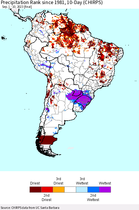 South America Precipitation Rank since 1981, 10-Day (CHIRPS) Thematic Map For 9/1/2023 - 9/10/2023