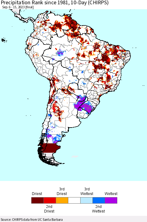 South America Precipitation Rank since 1981, 10-Day (CHIRPS) Thematic Map For 9/6/2023 - 9/15/2023