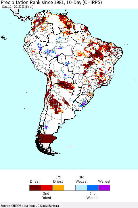 South America Precipitation Rank since 1981, 10-Day (CHIRPS) Thematic Map For 9/11/2023 - 9/20/2023