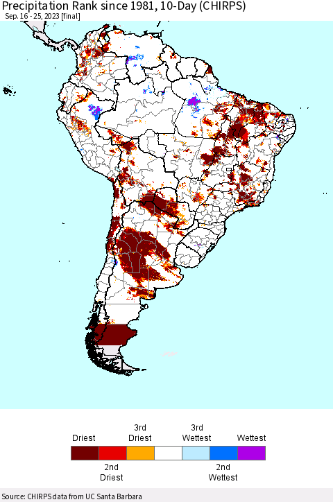 South America Precipitation Rank since 1981, 10-Day (CHIRPS) Thematic Map For 9/16/2023 - 9/25/2023