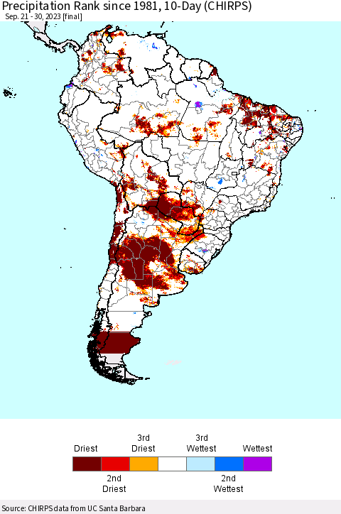 South America Precipitation Rank since 1981, 10-Day (CHIRPS) Thematic Map For 9/21/2023 - 9/30/2023