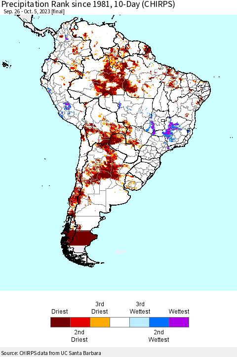 South America Precipitation Rank since 1981, 10-Day (CHIRPS) Thematic Map For 9/26/2023 - 10/5/2023