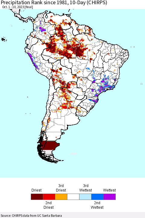 South America Precipitation Rank since 1981, 10-Day (CHIRPS) Thematic Map For 10/1/2023 - 10/10/2023
