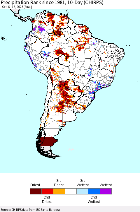 South America Precipitation Rank since 1981, 10-Day (CHIRPS) Thematic Map For 10/6/2023 - 10/15/2023