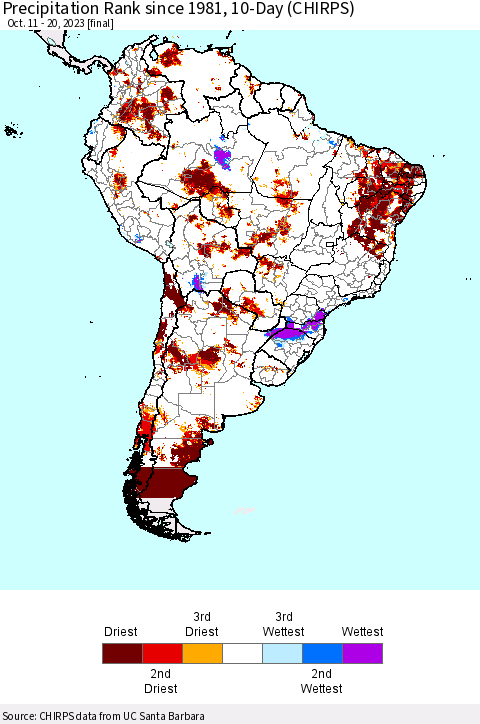 South America Precipitation Rank since 1981, 10-Day (CHIRPS) Thematic Map For 10/11/2023 - 10/20/2023