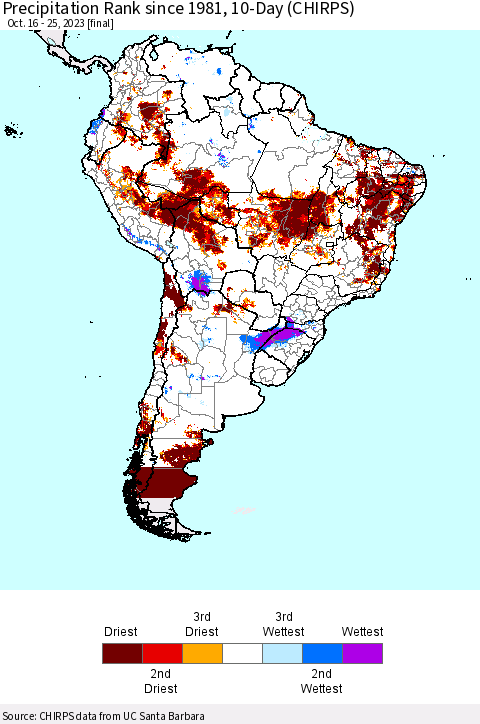 South America Precipitation Rank since 1981, 10-Day (CHIRPS) Thematic Map For 10/16/2023 - 10/25/2023