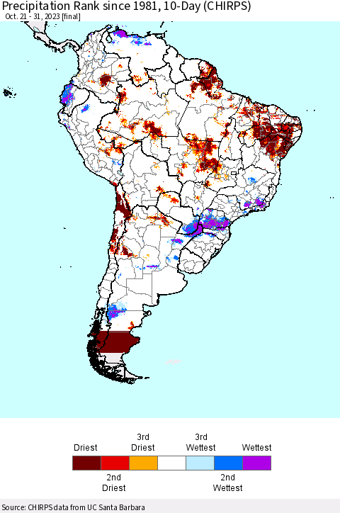 South America Precipitation Rank since 1981, 10-Day (CHIRPS) Thematic Map For 10/21/2023 - 10/31/2023