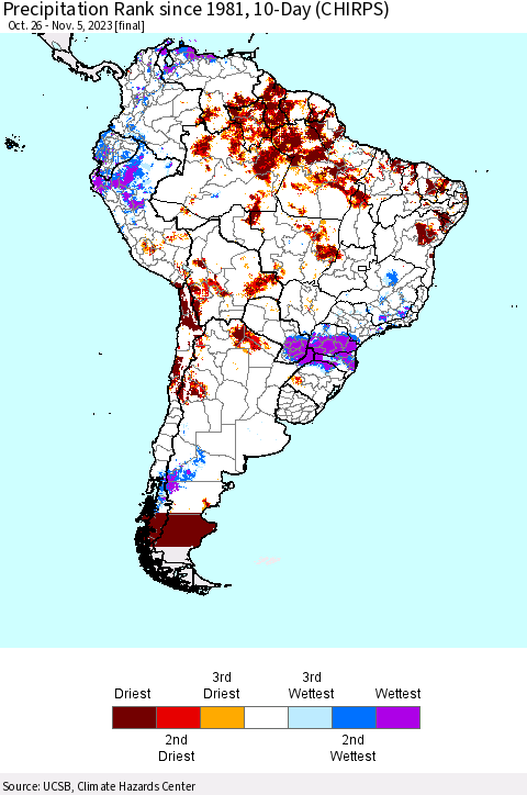South America Precipitation Rank since 1981, 10-Day (CHIRPS) Thematic Map For 10/26/2023 - 11/5/2023