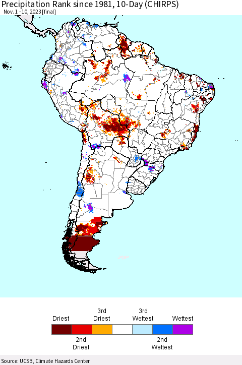 South America Precipitation Rank since 1981, 10-Day (CHIRPS) Thematic Map For 11/1/2023 - 11/10/2023