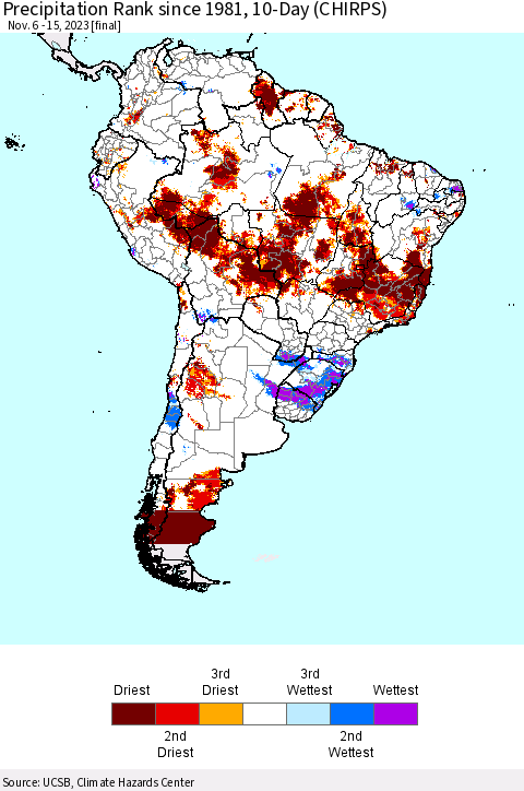 South America Precipitation Rank since 1981, 10-Day (CHIRPS) Thematic Map For 11/6/2023 - 11/15/2023