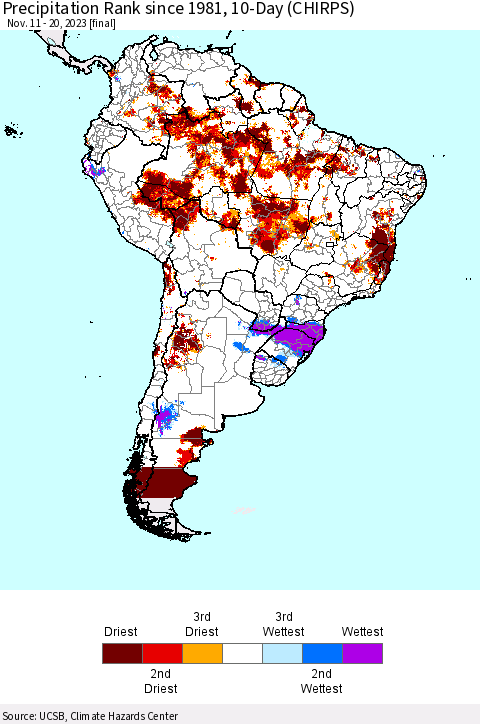 South America Precipitation Rank since 1981, 10-Day (CHIRPS) Thematic Map For 11/11/2023 - 11/20/2023