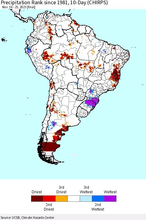 South America Precipitation Rank since 1981, 10-Day (CHIRPS) Thematic Map For 11/16/2023 - 11/25/2023