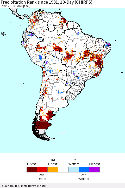 South America Precipitation Rank since 1981, 10-Day (CHIRPS) Thematic Map For 11/21/2023 - 11/30/2023