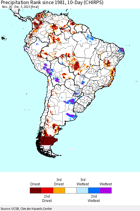 South America Precipitation Rank since 1981, 10-Day (CHIRPS) Thematic Map For 11/26/2023 - 12/5/2023