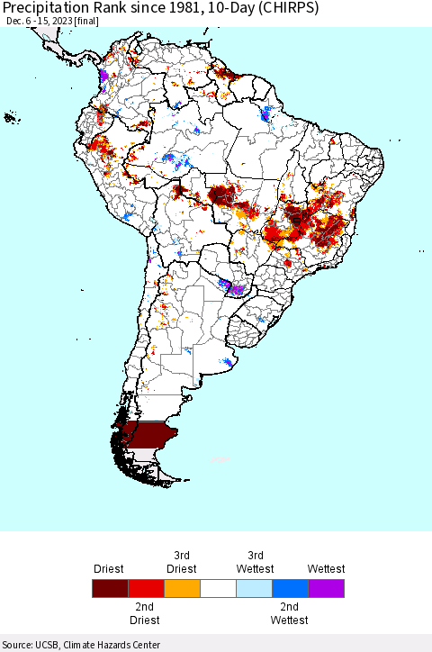 South America Precipitation Rank since 1981, 10-Day (CHIRPS) Thematic Map For 12/6/2023 - 12/15/2023