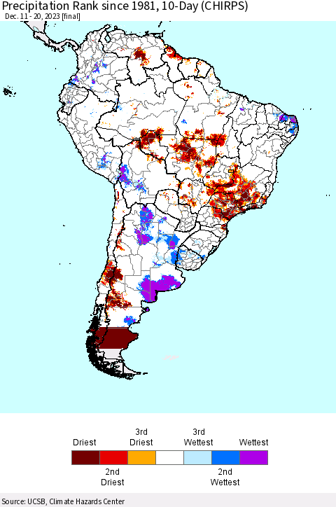 South America Precipitation Rank since 1981, 10-Day (CHIRPS) Thematic Map For 12/11/2023 - 12/20/2023