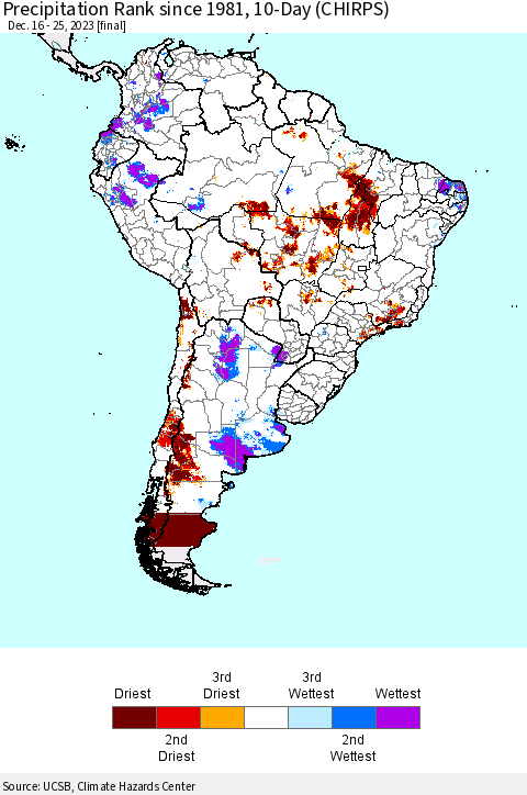 South America Precipitation Rank since 1981, 10-Day (CHIRPS) Thematic Map For 12/16/2023 - 12/25/2023