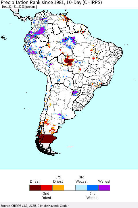 South America Precipitation Rank since 1981, 10-Day (CHIRPS) Thematic Map For 12/21/2023 - 12/31/2023