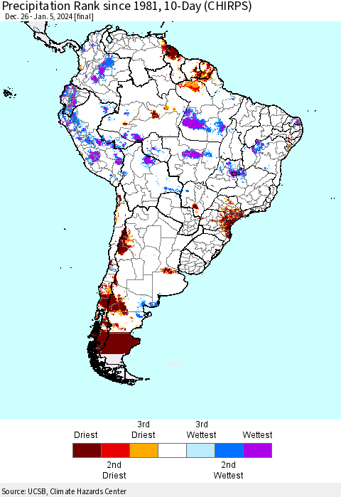 South America Precipitation Rank since 1981, 10-Day (CHIRPS) Thematic Map For 12/26/2023 - 1/5/2024