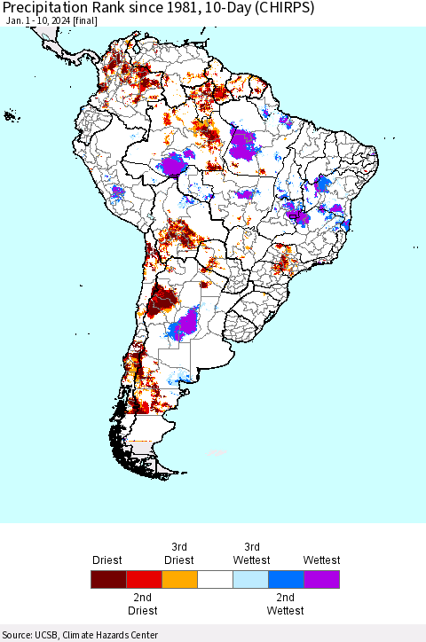 South America Precipitation Rank since 1981, 10-Day (CHIRPS) Thematic Map For 1/1/2024 - 1/10/2024