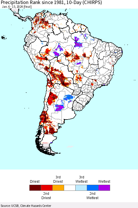 South America Precipitation Rank since 1981, 10-Day (CHIRPS) Thematic Map For 1/6/2024 - 1/15/2024