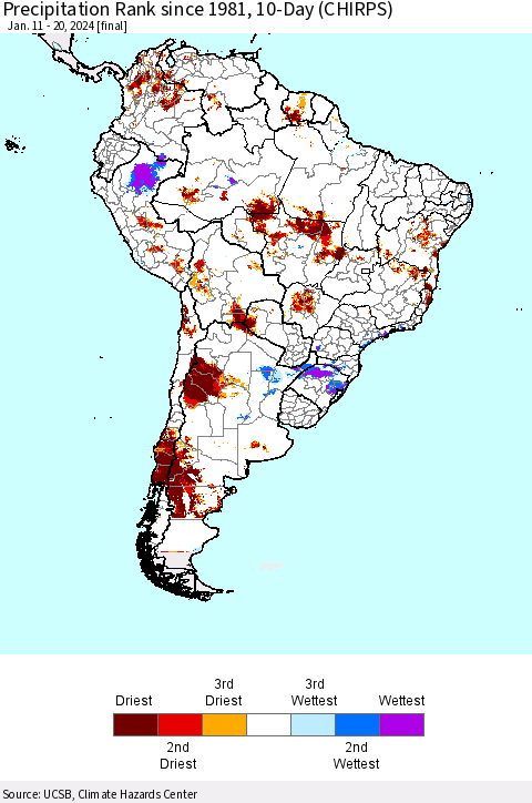 South America Precipitation Rank since 1981, 10-Day (CHIRPS) Thematic Map For 1/11/2024 - 1/20/2024
