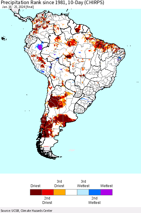 South America Precipitation Rank since 1981, 10-Day (CHIRPS) Thematic Map For 1/16/2024 - 1/25/2024