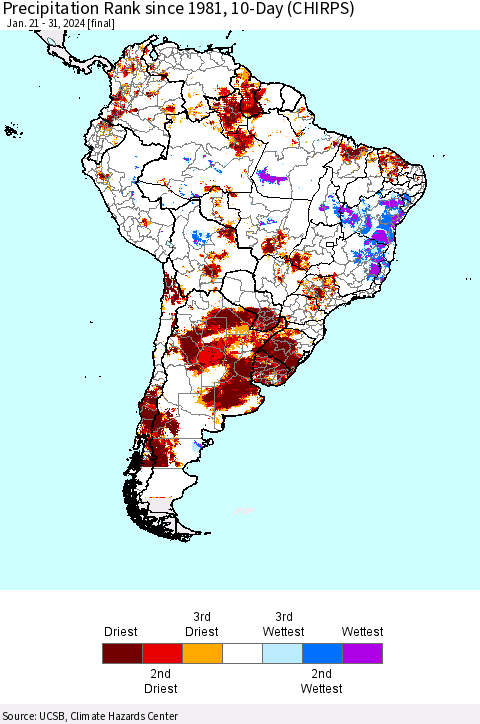 South America Precipitation Rank since 1981, 10-Day (CHIRPS) Thematic Map For 1/21/2024 - 1/31/2024