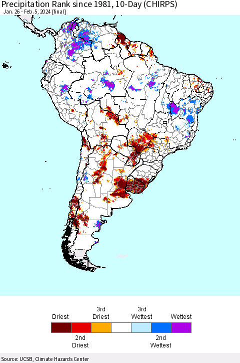 South America Precipitation Rank since 1981, 10-Day (CHIRPS) Thematic Map For 1/26/2024 - 2/5/2024