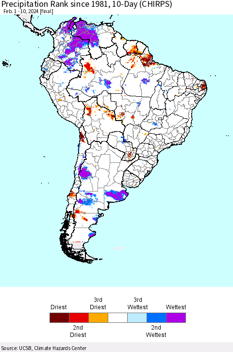 South America Precipitation Rank since 1981, 10-Day (CHIRPS) Thematic Map For 2/1/2024 - 2/10/2024