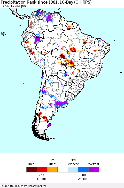 South America Precipitation Rank since 1981, 10-Day (CHIRPS) Thematic Map For 2/6/2024 - 2/15/2024