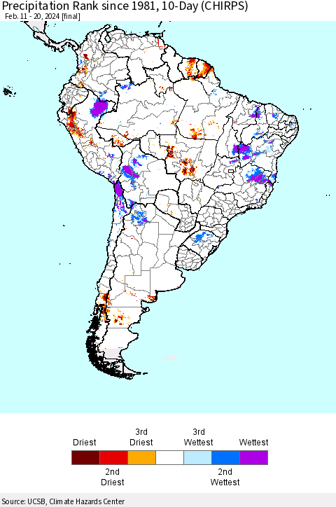 South America Precipitation Rank since 1981, 10-Day (CHIRPS) Thematic Map For 2/11/2024 - 2/20/2024