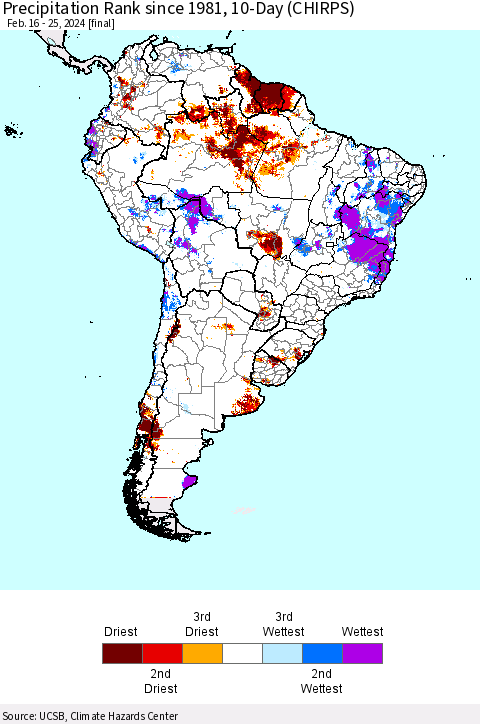 South America Precipitation Rank since 1981, 10-Day (CHIRPS) Thematic Map For 2/16/2024 - 2/25/2024