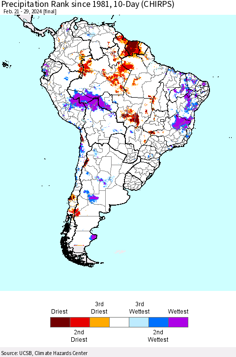 South America Precipitation Rank since 1981, 10-Day (CHIRPS) Thematic Map For 2/21/2024 - 2/29/2024