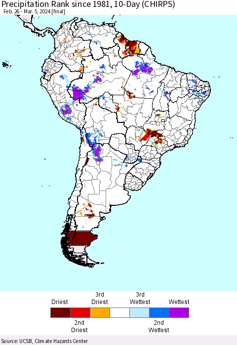 South America Precipitation Rank since 1981, 10-Day (CHIRPS) Thematic Map For 2/26/2024 - 3/5/2024