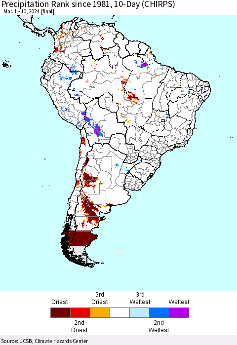 South America Precipitation Rank since 1981, 10-Day (CHIRPS) Thematic Map For 3/1/2024 - 3/10/2024