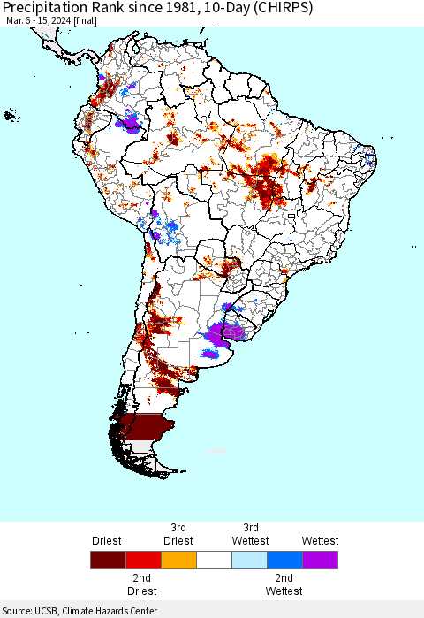 South America Precipitation Rank since 1981, 10-Day (CHIRPS) Thematic Map For 3/6/2024 - 3/15/2024
