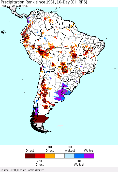 South America Precipitation Rank since 1981, 10-Day (CHIRPS) Thematic Map For 3/11/2024 - 3/20/2024