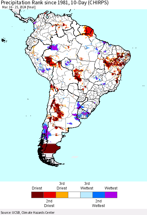 South America Precipitation Rank since 1981, 10-Day (CHIRPS) Thematic Map For 3/16/2024 - 3/25/2024