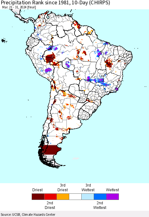 South America Precipitation Rank since 1981, 10-Day (CHIRPS) Thematic Map For 3/21/2024 - 3/31/2024