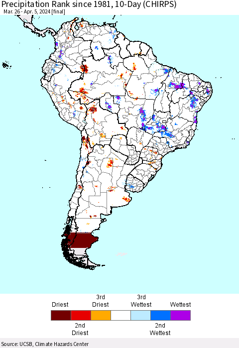 South America Precipitation Rank since 1981, 10-Day (CHIRPS) Thematic Map For 3/26/2024 - 4/5/2024