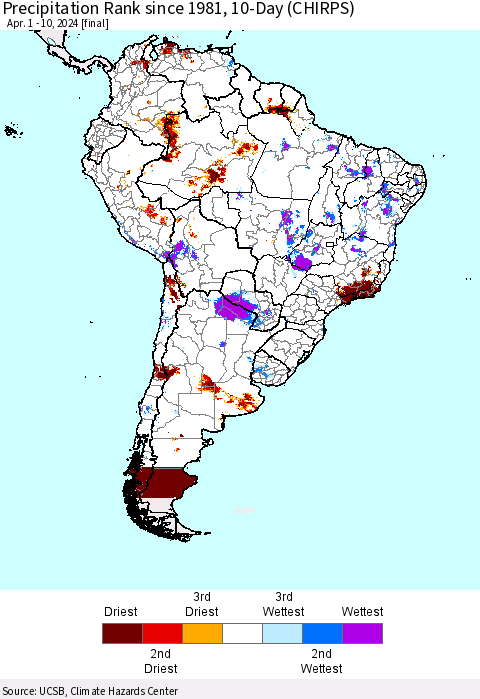 South America Precipitation Rank since 1981, 10-Day (CHIRPS) Thematic Map For 4/1/2024 - 4/10/2024
