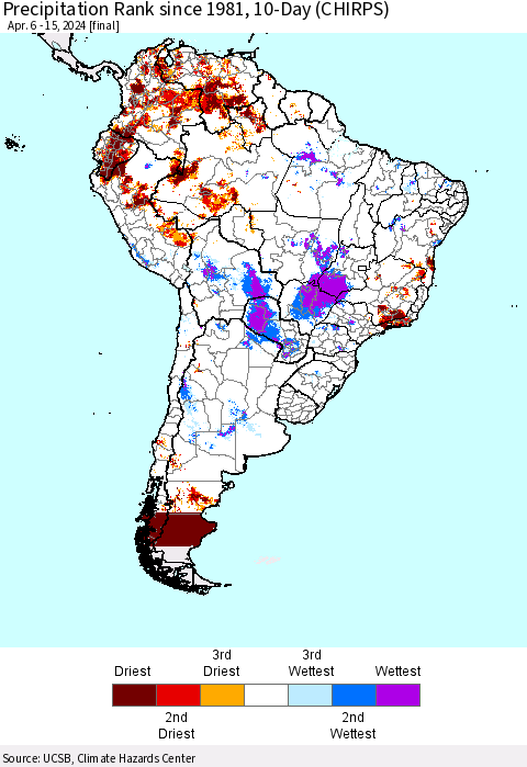 South America Precipitation Rank since 1981, 10-Day (CHIRPS) Thematic Map For 4/6/2024 - 4/15/2024