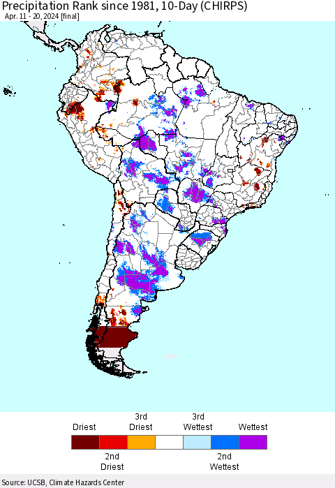 South America Precipitation Rank since 1981, 10-Day (CHIRPS) Thematic Map For 4/11/2024 - 4/20/2024