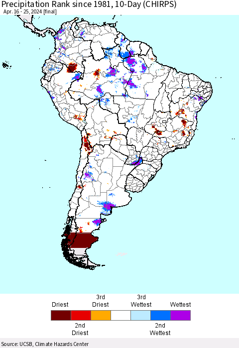 South America Precipitation Rank since 1981, 10-Day (CHIRPS) Thematic Map For 4/16/2024 - 4/25/2024