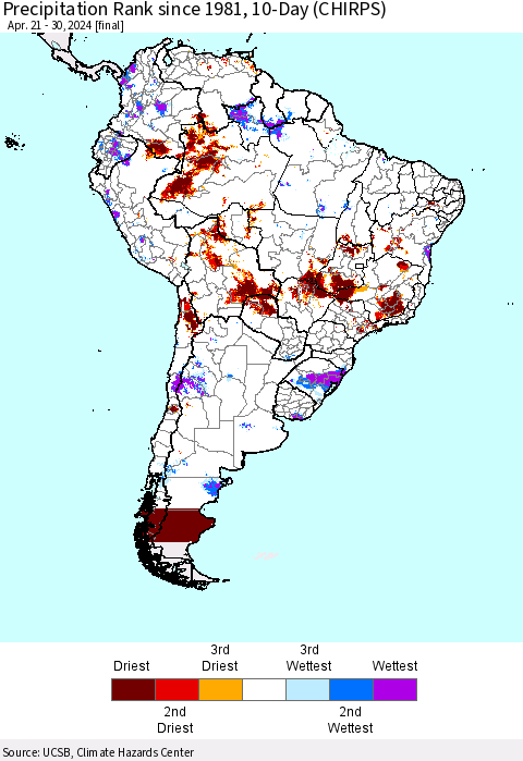 South America Precipitation Rank since 1981, 10-Day (CHIRPS) Thematic Map For 4/21/2024 - 4/30/2024